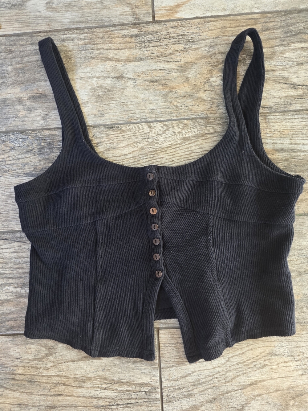 Free People FP Beach Black Ribbed Button-Front Crop Tank Top Sz Small